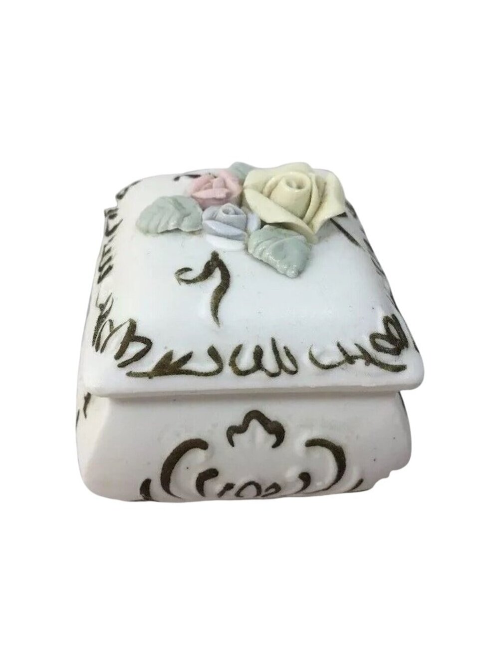Vintage UCGC Trinket Box Porcelain Korea Gold Scroll Floral Rose Cottagecore